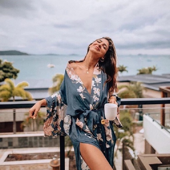 SOLD OUT Blue Floral Bohemian Peacock Kimono Duster Robe - Picture 7 of 7